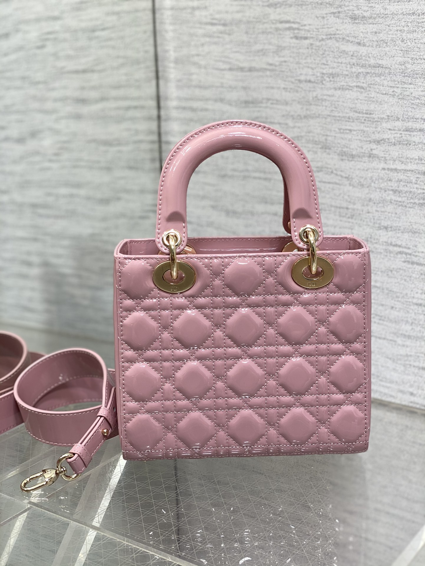 Small Lady Dior Bag Hydrangea Pink Patent Cannage Calfskin